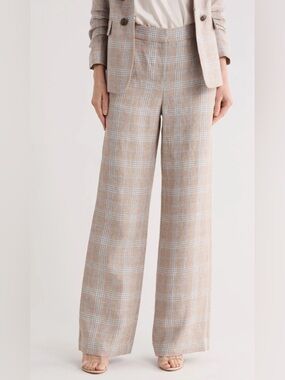Veronica Beard Tonelli Plaid Linen Pants Khaki-Multi Sz 6  -NWT $528